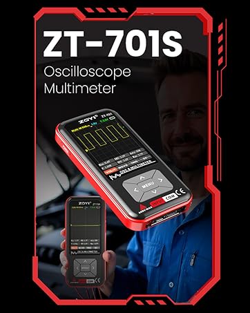 Text reads 'ZT-701S Oscilloscope Multimeter'. Product photo shows handheld digital measurement device with screen display and red/black protective casing.