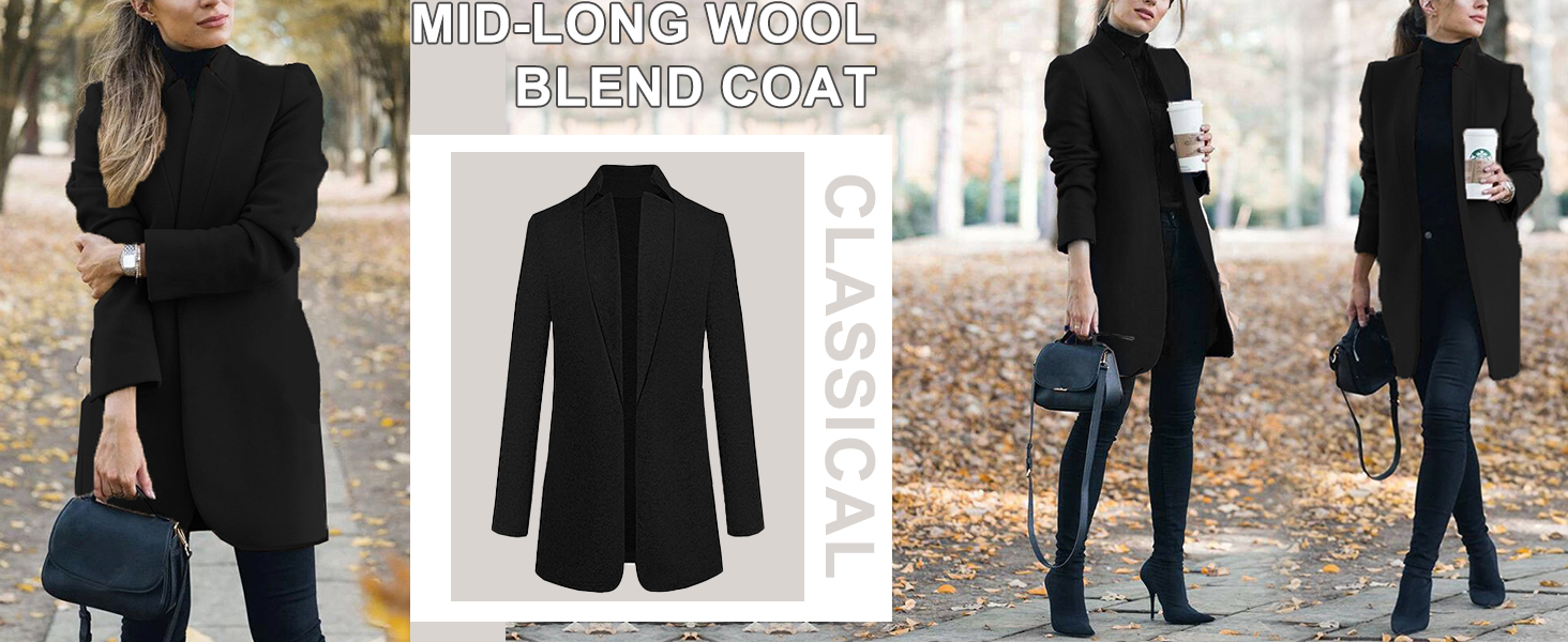 Women Winter Wool Blend Camel Mid-Long Coat Notch Double-Breasted Lapel Jacket Outwear
