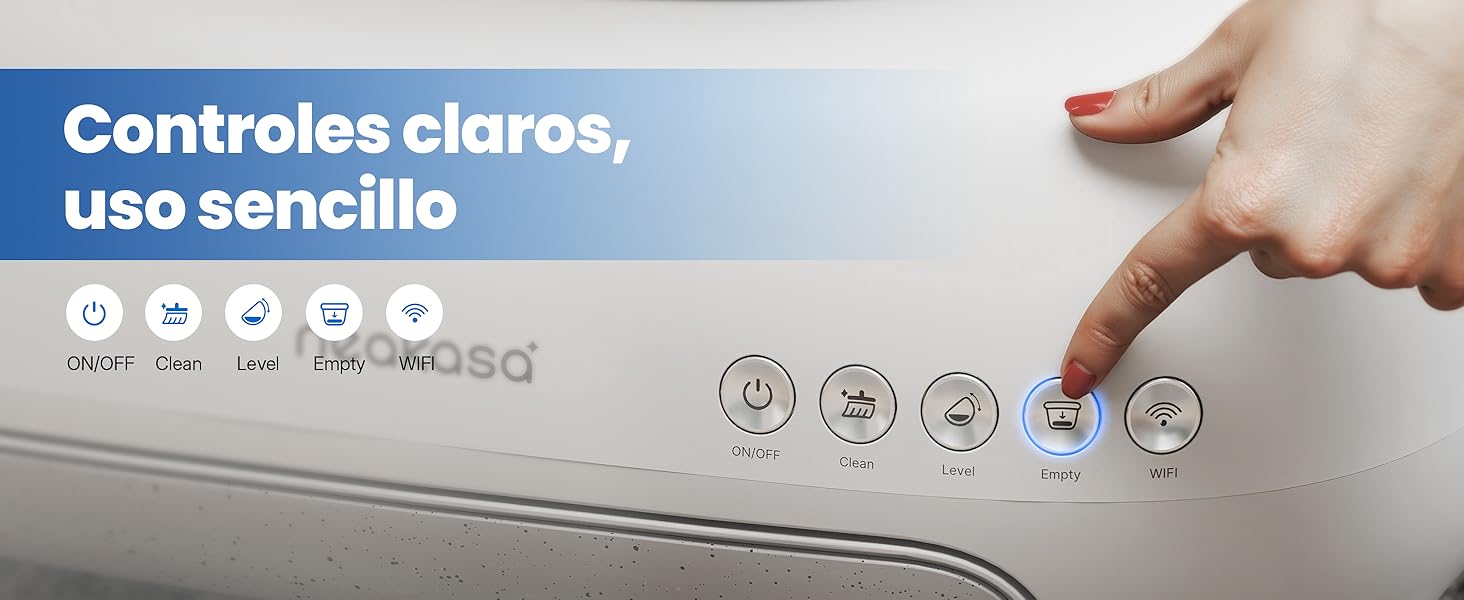 El texto dice «Controles claros, uso sencillo». Captura de pantalla de la interfaz del software que muestra los controles de navegación circular y el panel de ajustes en un esquema de color azul claro.