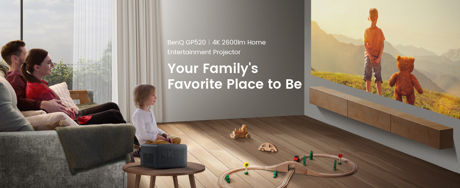 BenQ GP520 4K projector with 2600 ANSI lumens for bright and clear viewing in open plan living room