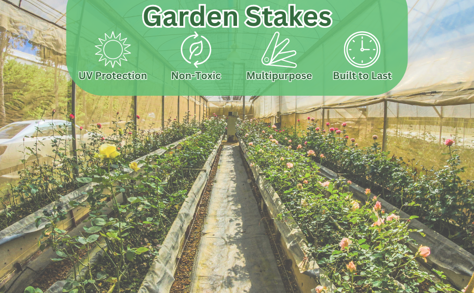 "Garden Stakes" with text "UV Protection" "Non-Toxic" "Multipurpose" "Built to Last"