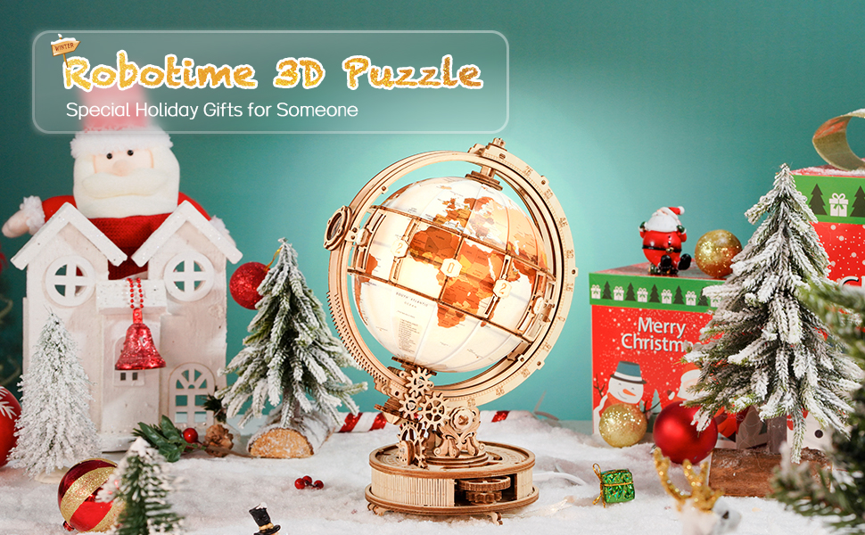 ROBOTIME 3D Puzzle Wood Luminous Globe, Wooden Model Kits for Adult to