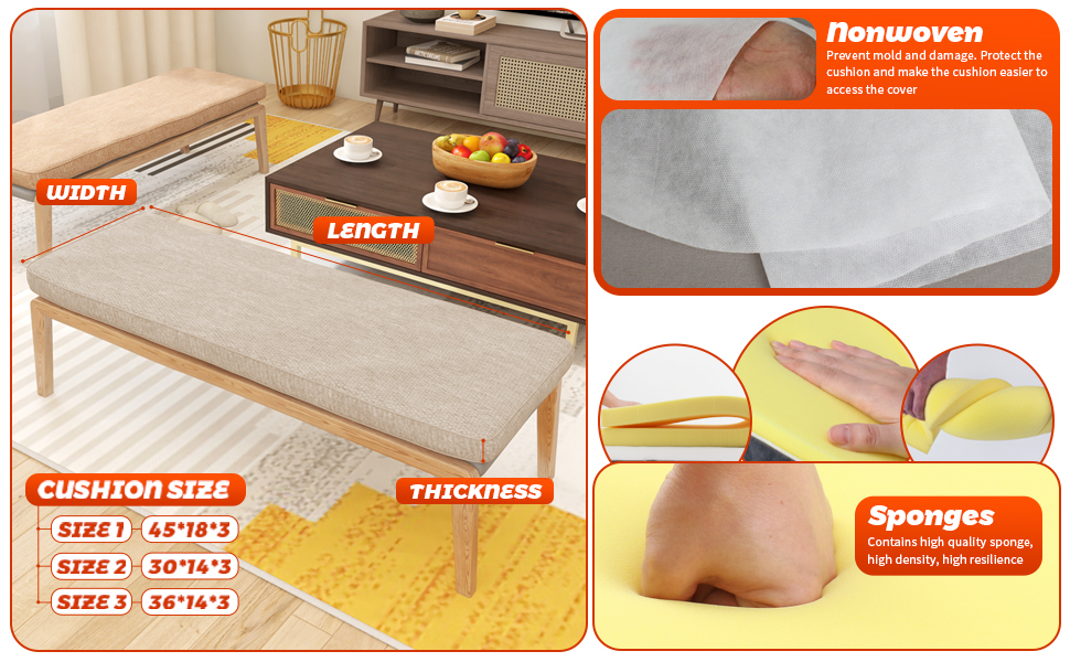 mudilun Bench Cushion for Indoor/Outdoor with Velcro NonSlip Patio Furniture
