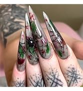 Halloween Press on Nails Long Stiletto Fake Nails with Designs Spider Web Stick on Nail Glitter A...