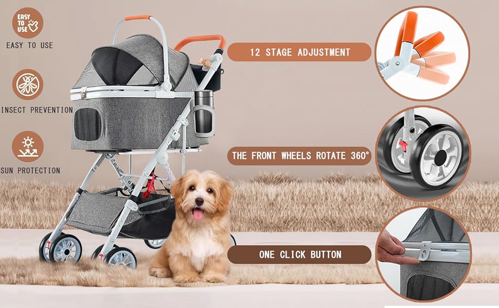 3 In 1 Folding Pet Stroller,Cat Stroller For All Seasons,Up To 33lbs