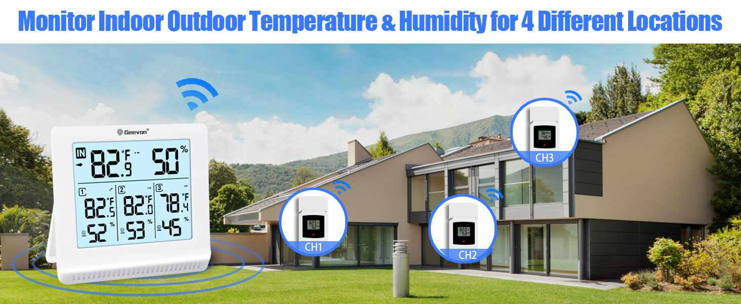 Geevon Indoor Outdoor Thermometer Wireless with 3 Remote Sensors