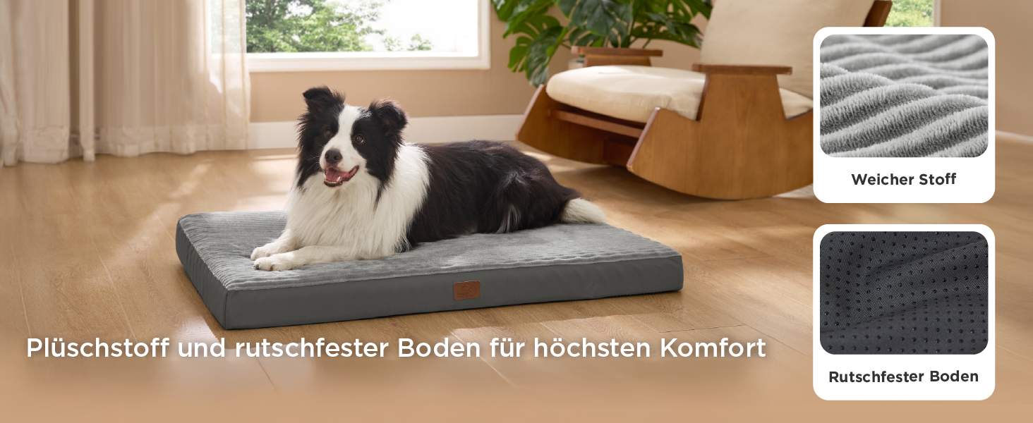 Das Bett oder Kissen für Haustiere wird mit einem beschreibenden Text über seine Eigenschaften und Komforteigenschaften vorgestellt.