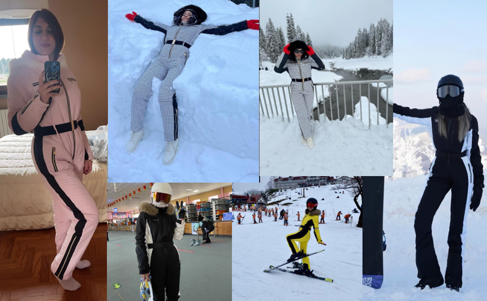un collage di foto di una donna con sci e snowboard