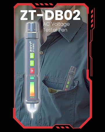 ZT-DB02 AC Voltage Tester Pen with multi-colored LED indicators. Shown in use, clipped to shirt pocket. Pen-shaped tool for electrical testing.