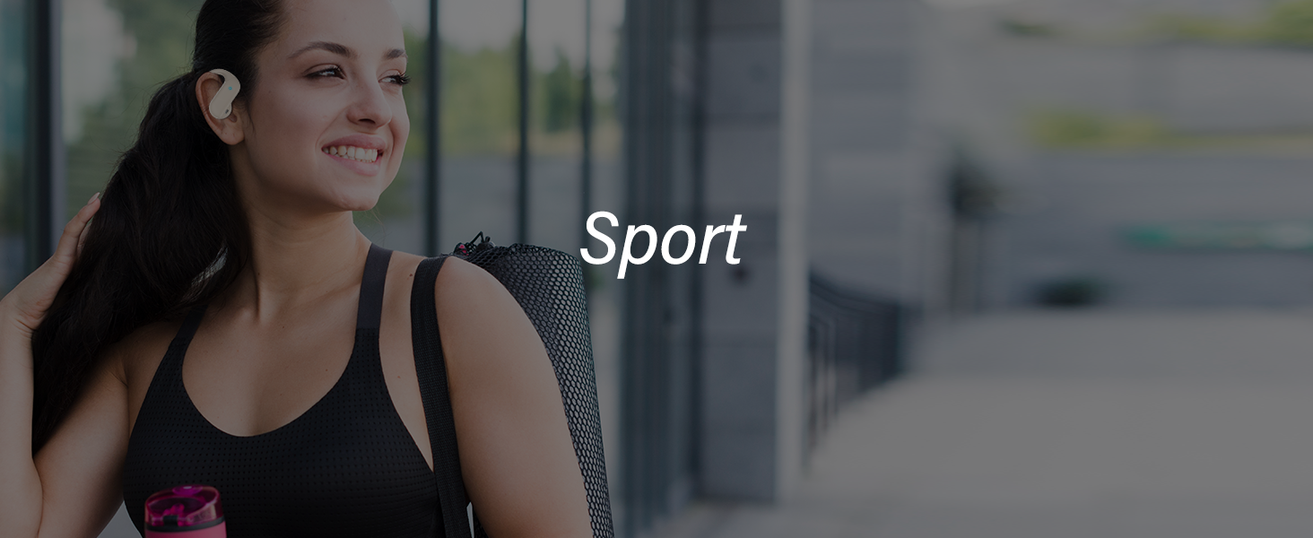 Woman wearing black tank top and wireless earbuds, smiling outdoors. Text 'Sport' overlaid on image. Fitness or workout context suggested.