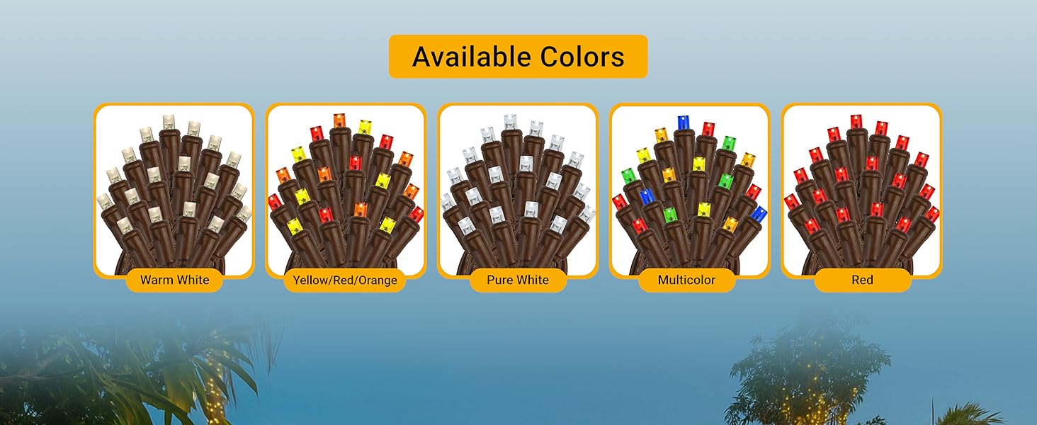 Heavy-duty brown wire LED Christmas lights with 100 warm white 5mm wide-angle bulbs