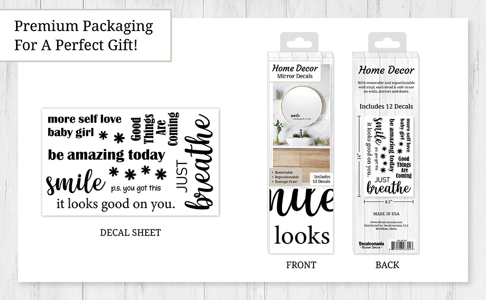 Motivational Mirror Decals Set of 6 Black Vinyl Quotes Be Amazing Today, Smile It