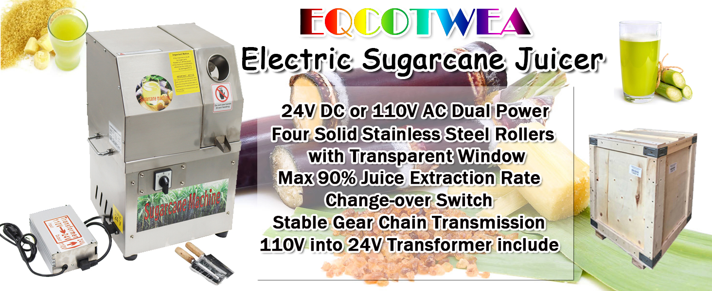 EQCOTWEA 24V DC/110V AC Dual Power Sugarcane Juicer, with