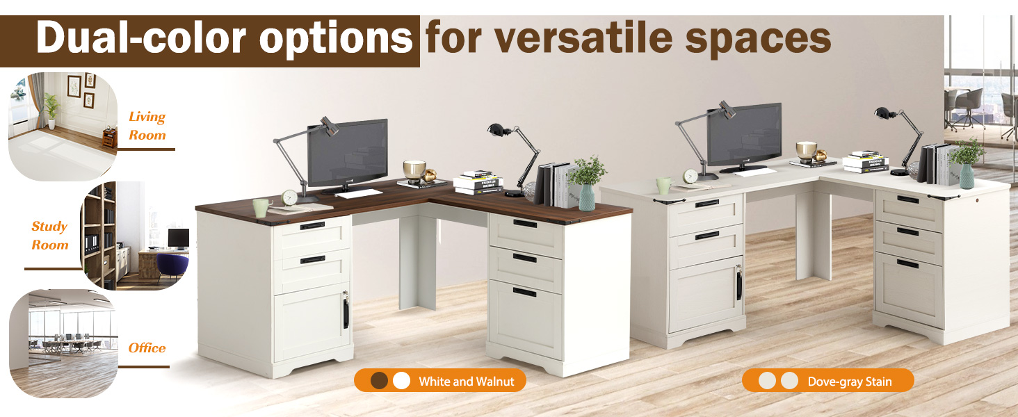 60&#34; L Shaped Executive Desk with Drawers, Farmhouse Home Office Desk with Charging Station