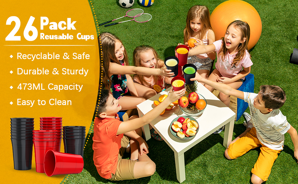 LOTMOFUN 26 Pcs Reusable Plastic Cups, Unbreakable 16 oz
