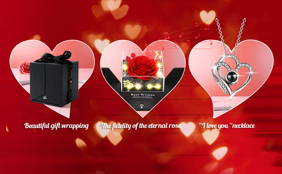 Preserved Real Rose Gifts with I Love You Heart Necklace100 Languages with Music&Lights