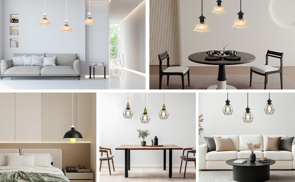 Modern minimalist dining and living room interior collage showing white walls, pendant lights, wooden furniture, and clean contemporary design aesthetic.