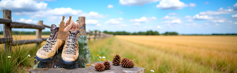 A rustic wooden table with a cowboy hat and a pair of western boots, creating a backdrop that comple