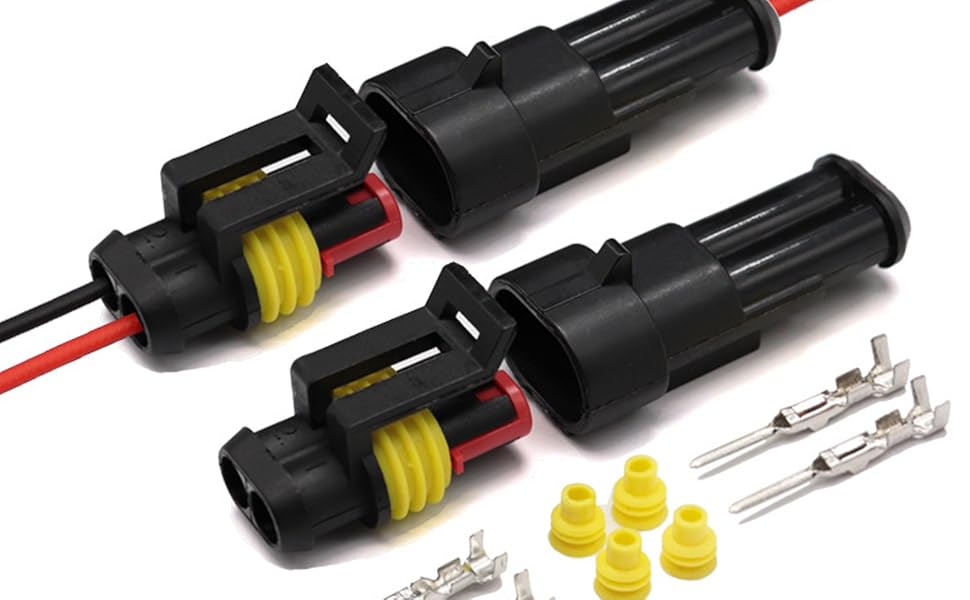 Automotive electrical connectors with black housings, yellow seals, and metal terminals. Includes loose components for assembly.