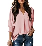 Dokotoo Women Blouses Dressy Casual V Neck 3/4 Length Sleeve Womens Tops with Smocked Cuffs