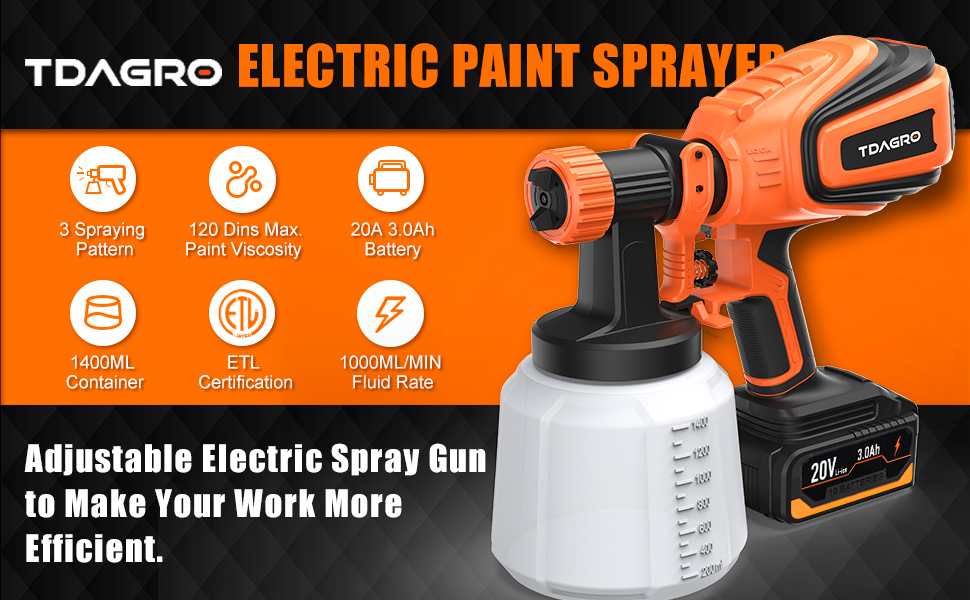 TDAGRO Cordless Paint Sprayer 20V 3.0Ah Batteries, HVLP