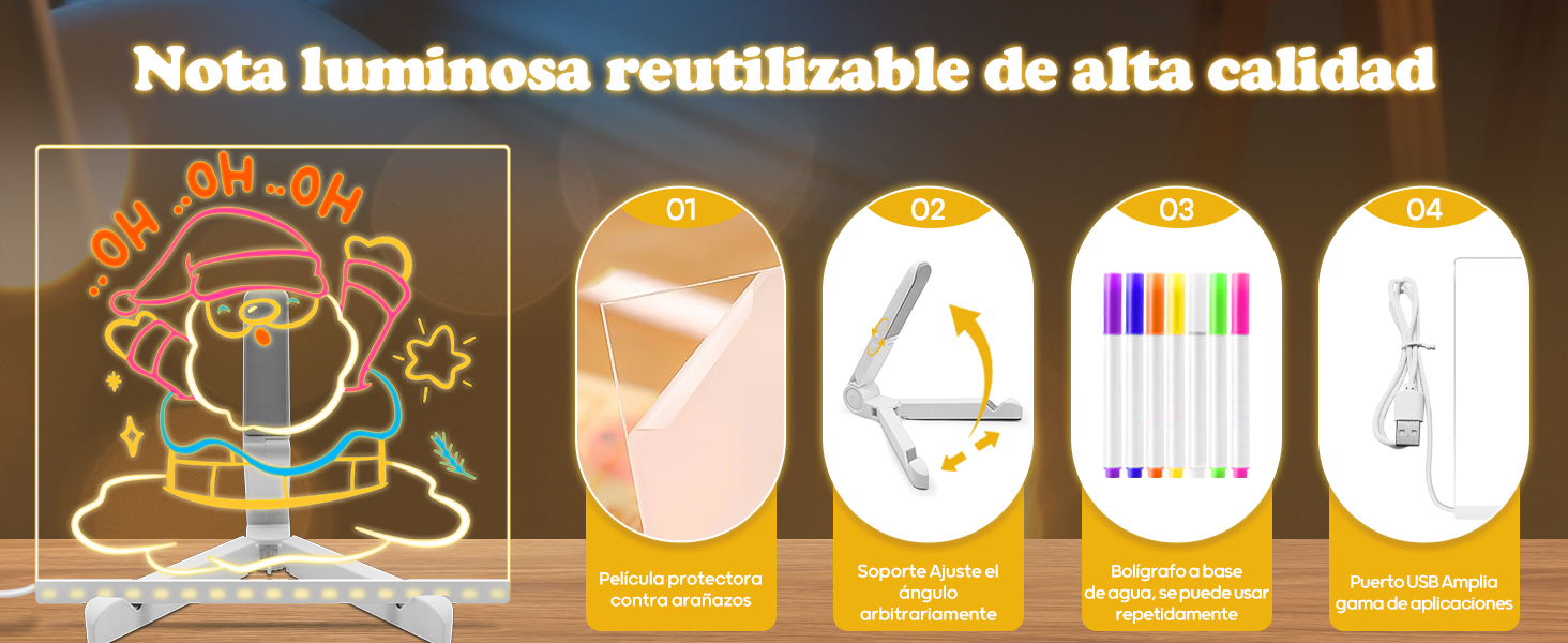 El texto dice «Nota luminosa reutilizable de alta calidad». Las instrucciones del producto en español muestran las características de la pizarra LED con cuatro iconos instructivos.
