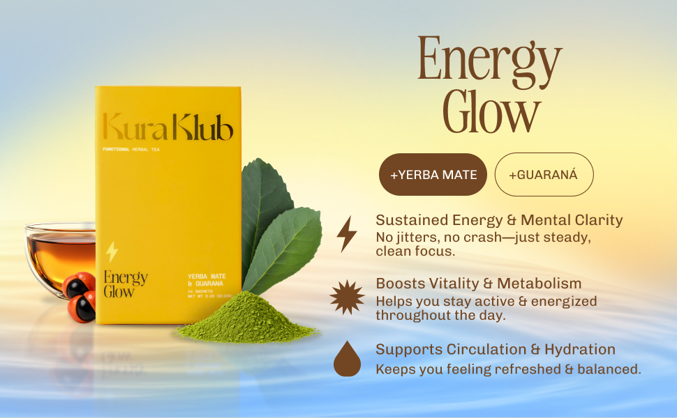 Kura Klub Yerba Mate Energy Glow Tea – Premium Energy Herbal Tea with Guarana