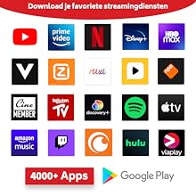 Grid van logo's van streamingdiensten, waaronder YouTube, Netflix, Disney+ en HBO Max. De tekst vermeldt '4000+ apps' en toont het Google