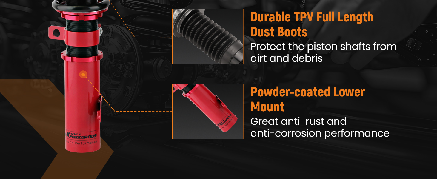 Technical diagram of red hydraulic component with annotations: 'Durable TIM Full Length', 'Dust Boots', 'Powder-coated Lower Mount'. Black background with orange indicator lines.