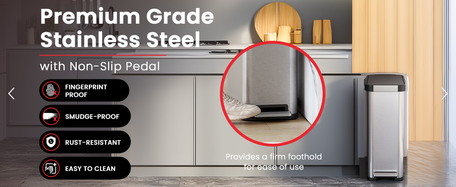 premium stainless steel trash can body with non-slip pedal