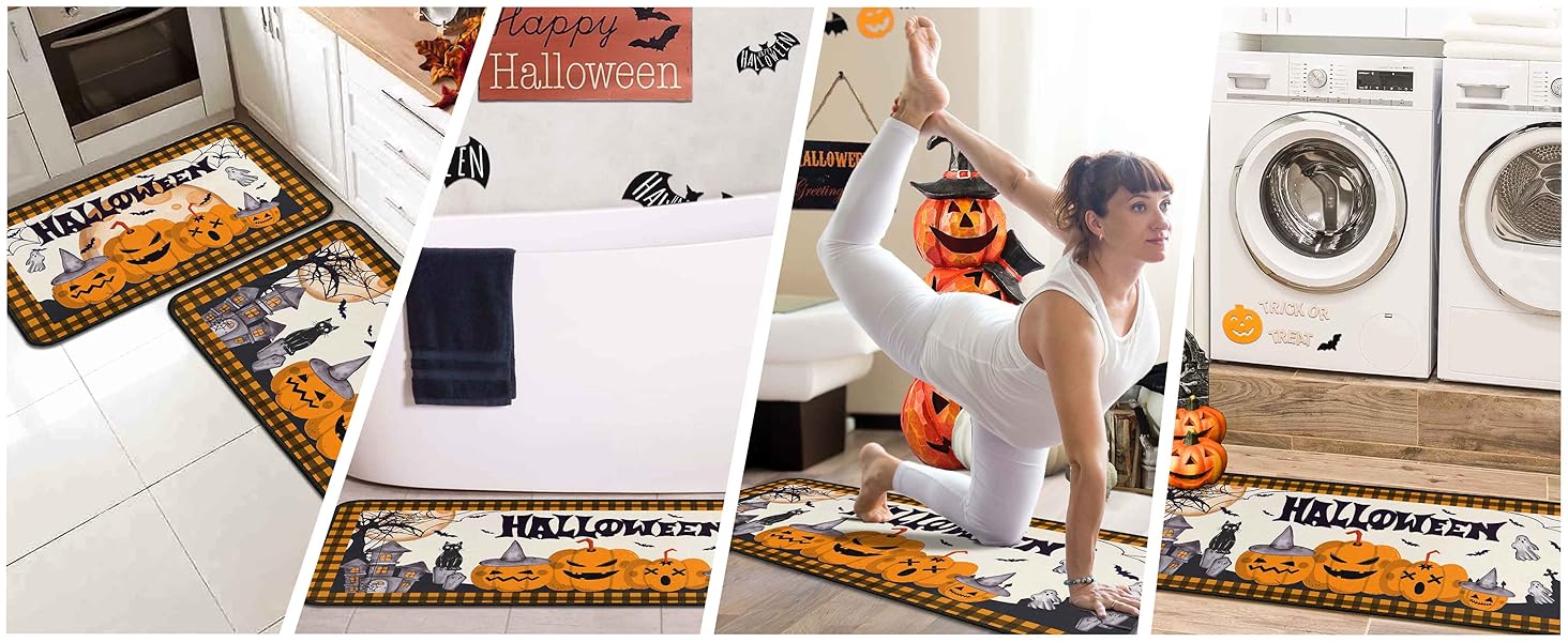 Halloweeen Buffalo Plaid Pumpkin Kitchen Rugs Set of 2