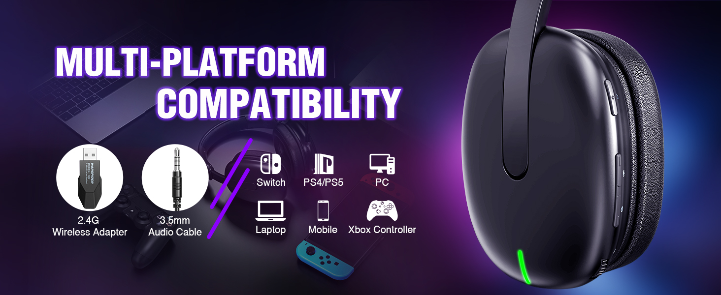 Gaming headset with multi-platform compatibility. Shows icons for various devices including mobile, Nintendo Switch, PC, and Xbox. Headset visible on right side.