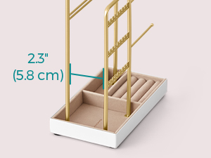 White base with gold-colored metal frame and wooden slats, featuring a measurement of 23