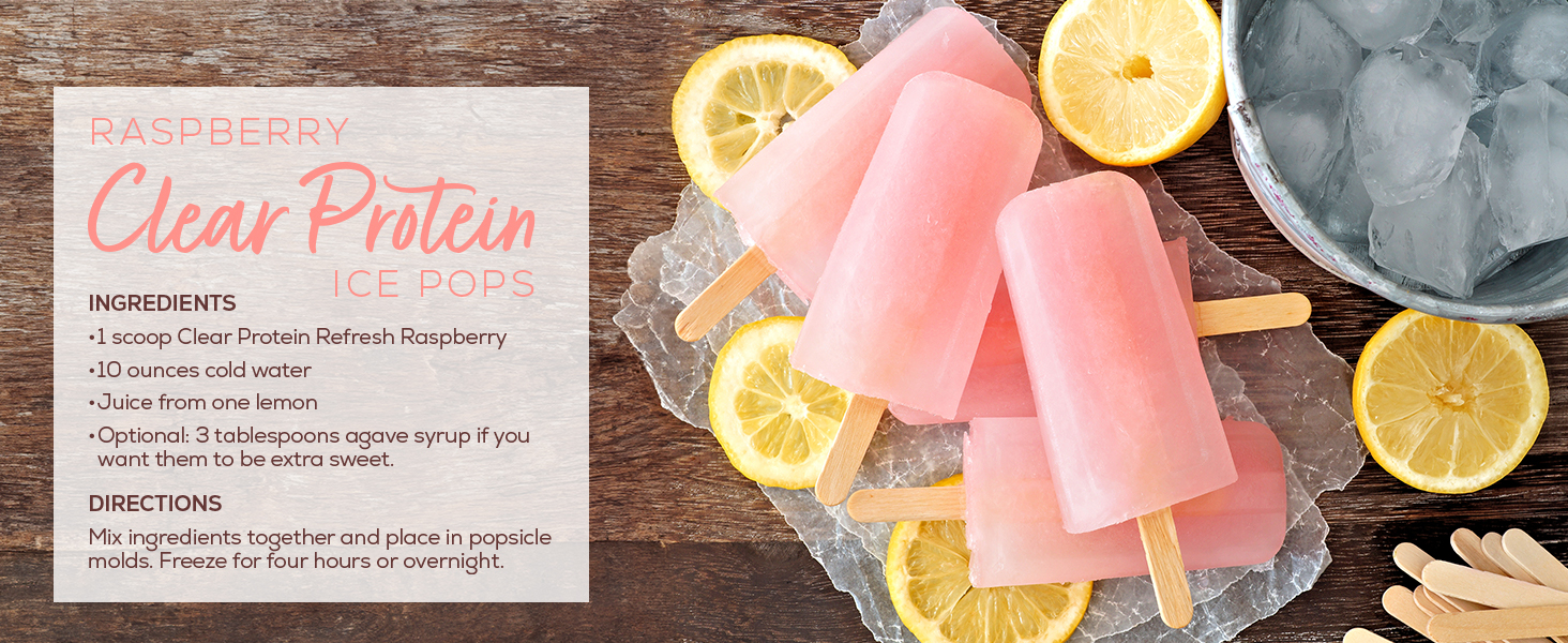 A recipe for Raspberry Clear Protein Ice Pops featuring Sunwarrior Clear Protein Refresh