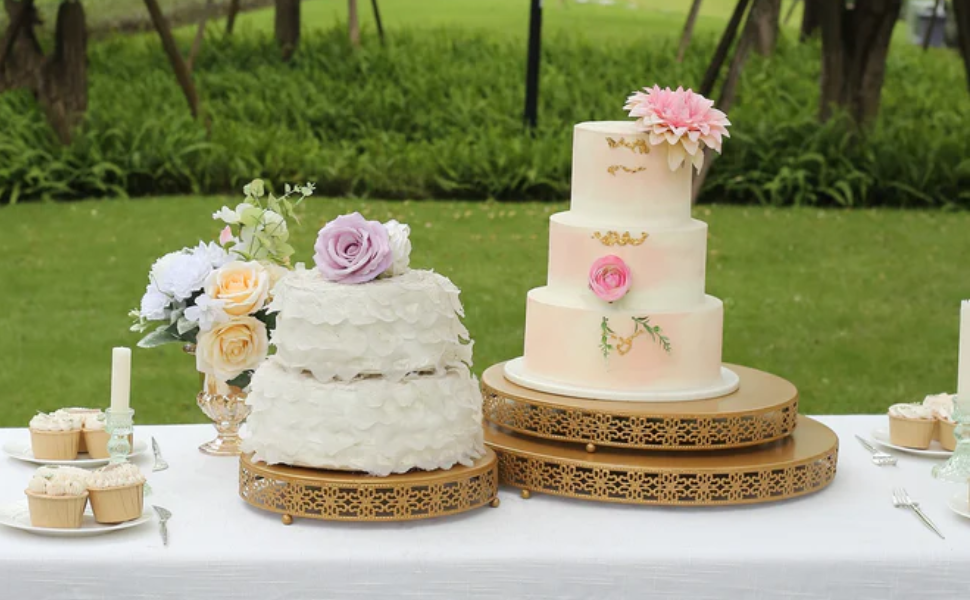 Balsa Circle 16 in Gold Metal Fleur De Lis Round Cake Stand