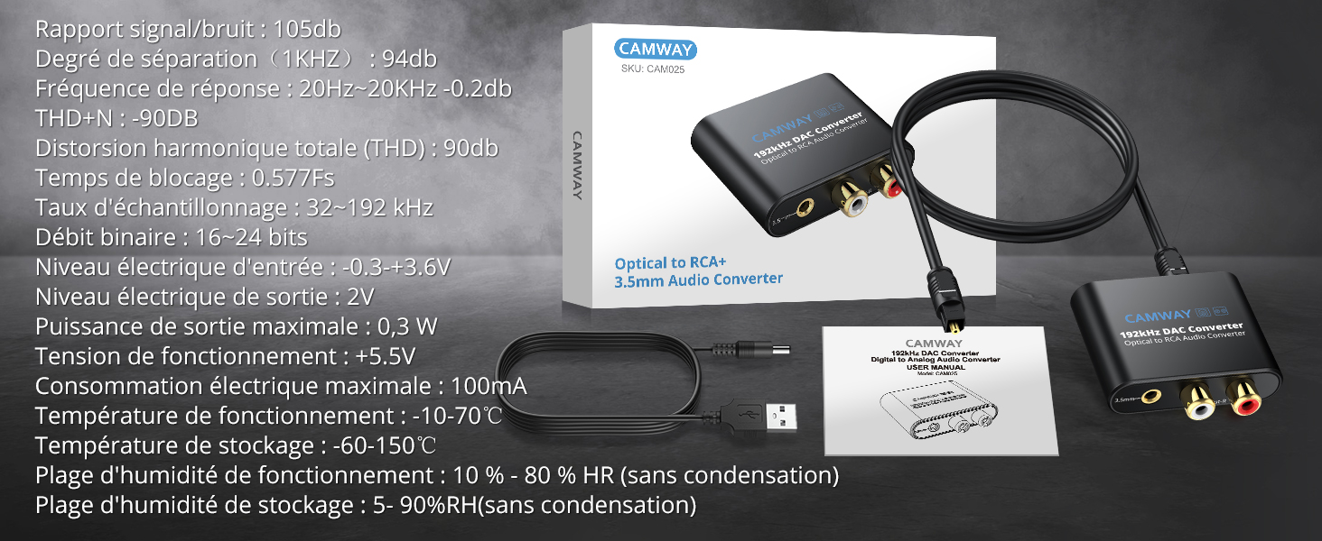 CAMWAY Convertisseur DAC 192kHz SPDIF vers RCA Optique vers 3.5mm, Convertisseur Audio Numérique