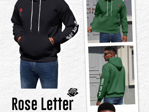 ZAFUL Men's Fleece Hoodie Unisex Rose Letter Print Hooded Pullover