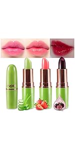 3Pcs Aloe Vera Strawberry Red Cherry Lip Color Changing Lipstick Lip Balm Set