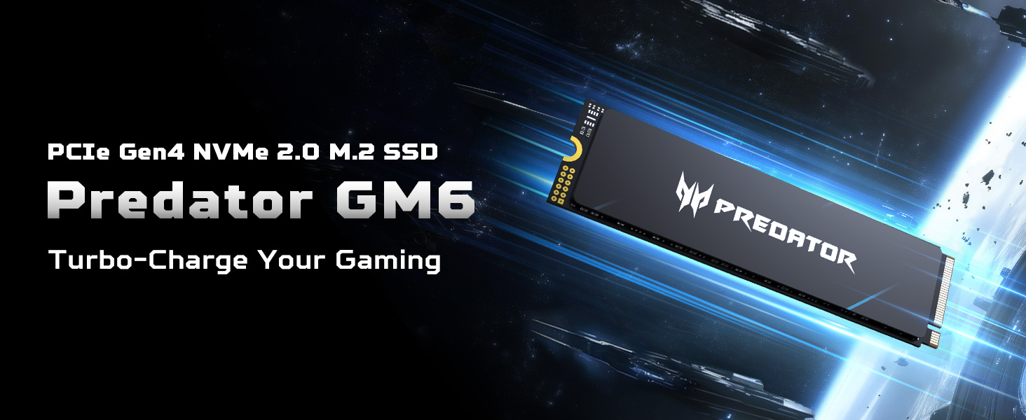 PCIe Gen4 NVMe 2.0 M.2 SSD called Predator GM6, designed for gaming. Black rectangular device with blue lighting effects and 'Predator' branding visible.