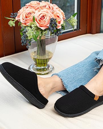 FamilyFairy Women’s Comfy Striped Knitted Memory Foam Slippers Slip on House Shoes for Indoor Outdoor 14 9155