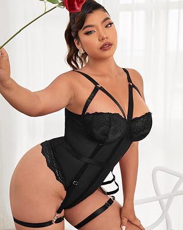 Women's Plus Size Ring Linked Cut Out Sheer Mesh Teddy Bodysuit Garter Lingerie Set