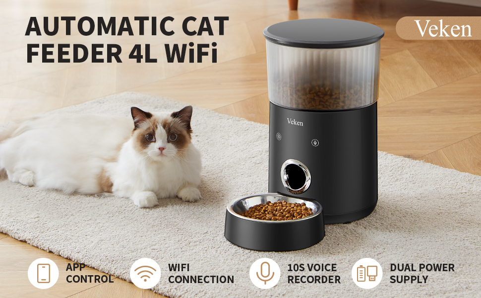 Veken Automatic Cat Feeders, 135oz/4L 2.4GHz WiFi