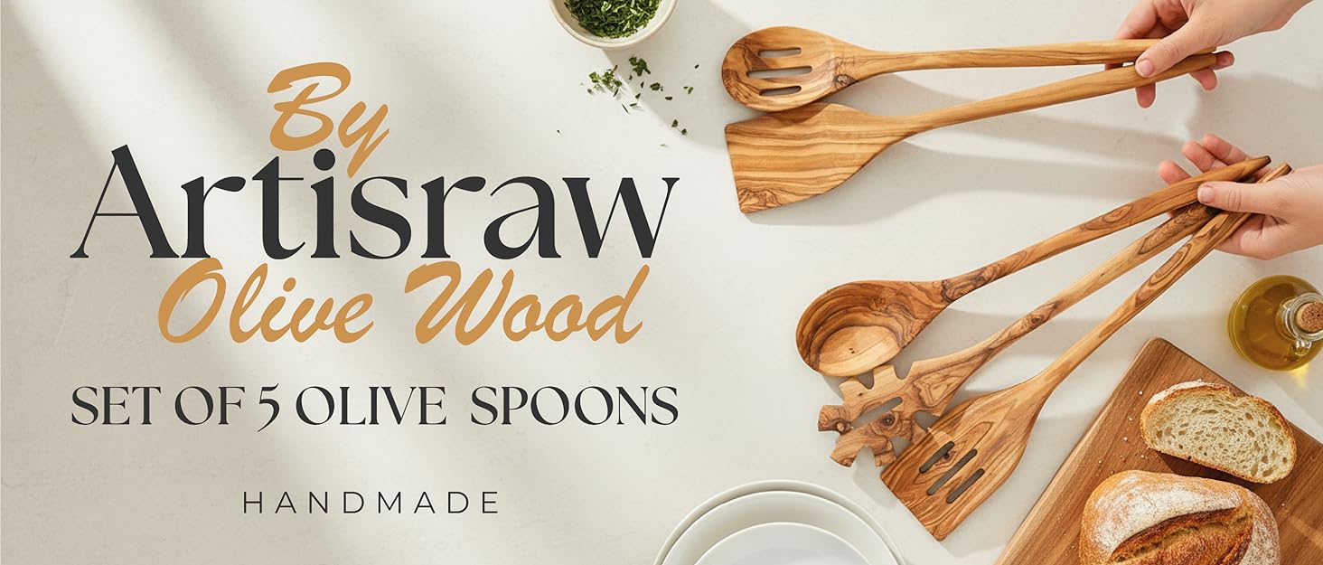 ArtisRaw Olive Wood Cooking Spoons Set of 5 – Handmade Natural Wooden Utensils for Cooking, Serving