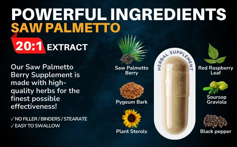 Saw Palmetto Berry, Pygeum Bark, Plant Sterols, Red Raspberry Leaf, Soursop Graviola, Black Pepper