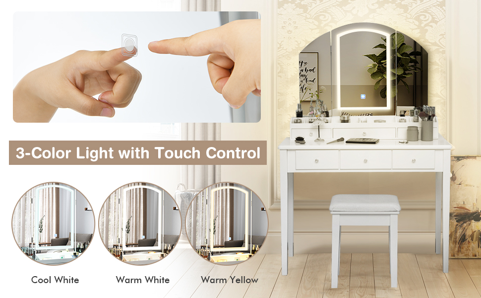 Vanity Set with Tri-Folding Lighted Mirror