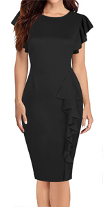 Women's Vintage Ruffle Flared Casual Work Pencil Dresses Stretchy Midi Bodycon Party Dresses