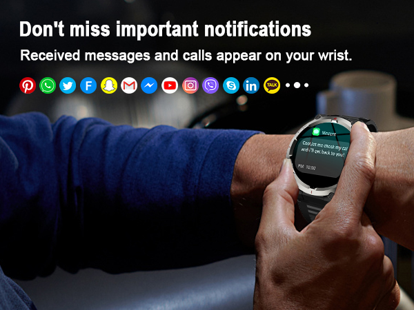 Text reads 'Don't miss important notifications' and 'Received messages and calls appear on your wrist.' Series of images showing smartwatch notifications and interface on wrist.