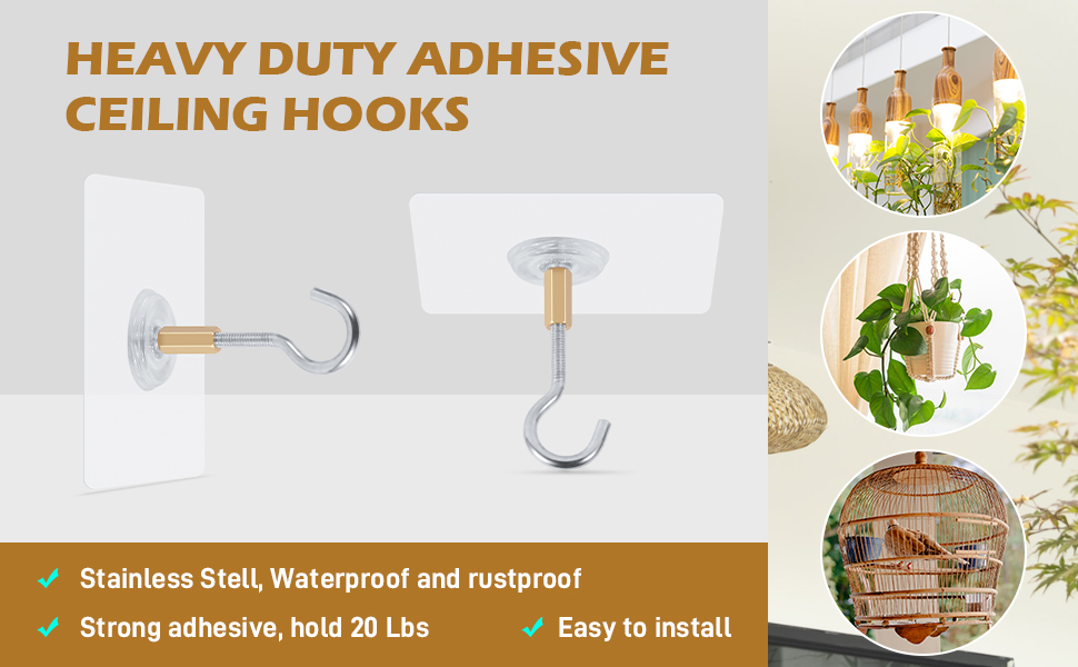 Dlilise Adhesive Ceiling Hooks 10 Pack, Heavy Duty Sticky