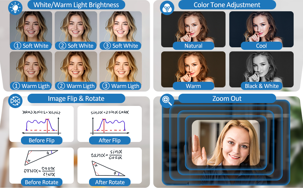 Technical diagram showing various camera angles and lighting effects for photography or video recording, with graphical representations of different exposure and lighting settings.