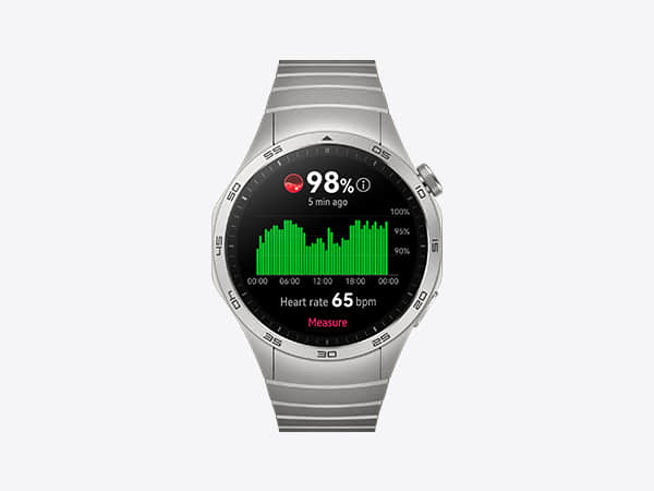 Digitales Smartwatch-Display mit Gesundheitsdaten mit einer Herzfrequenz von 65 und einer 98% -Anzeige. Silbernes metallisches Uhrengehäuse mit modernem, minimalistischem Design.